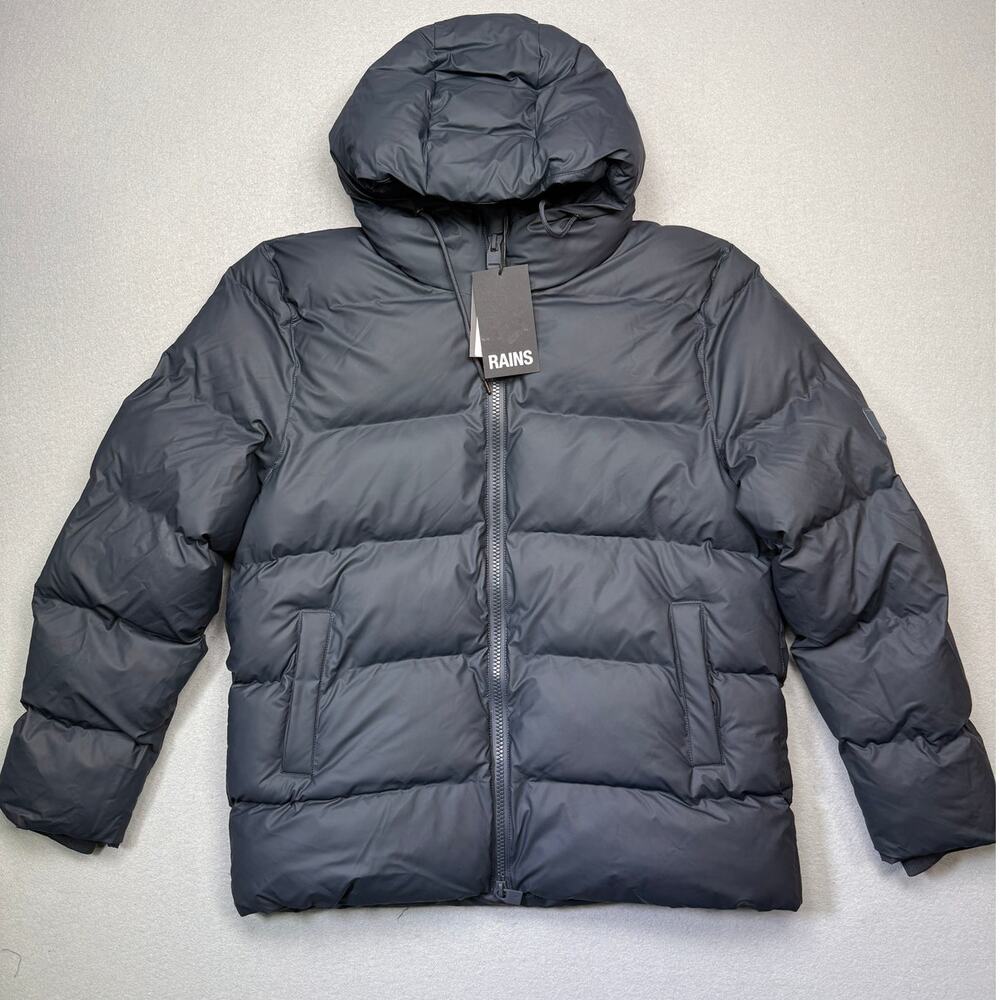 Rains Men's Alta Waterproof Hooded Puffer Jacket Navy Large $430